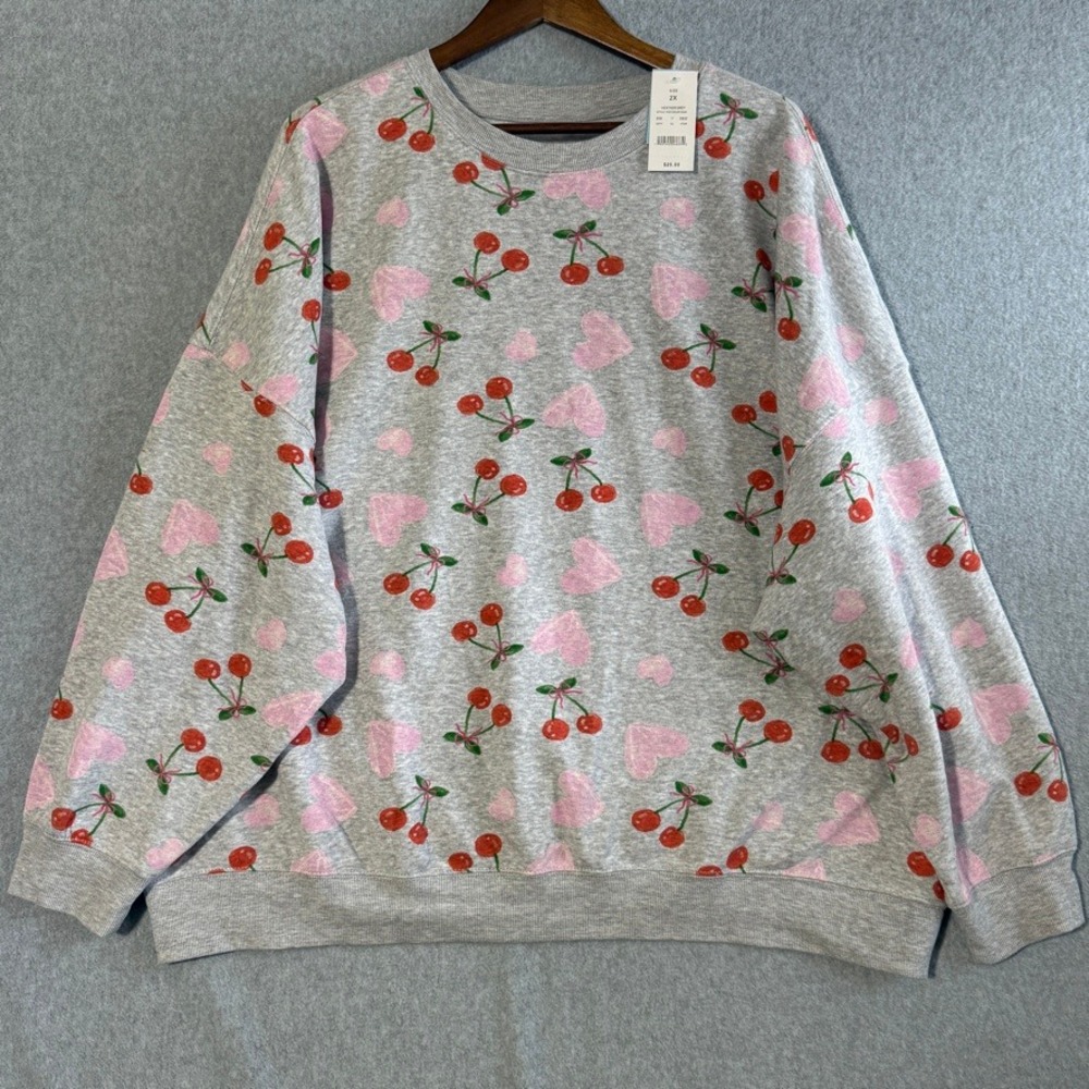 Zoe+Liv Cherry Heart Heather Grey Sweatshirt 2X Coquette Oversized Crewneck